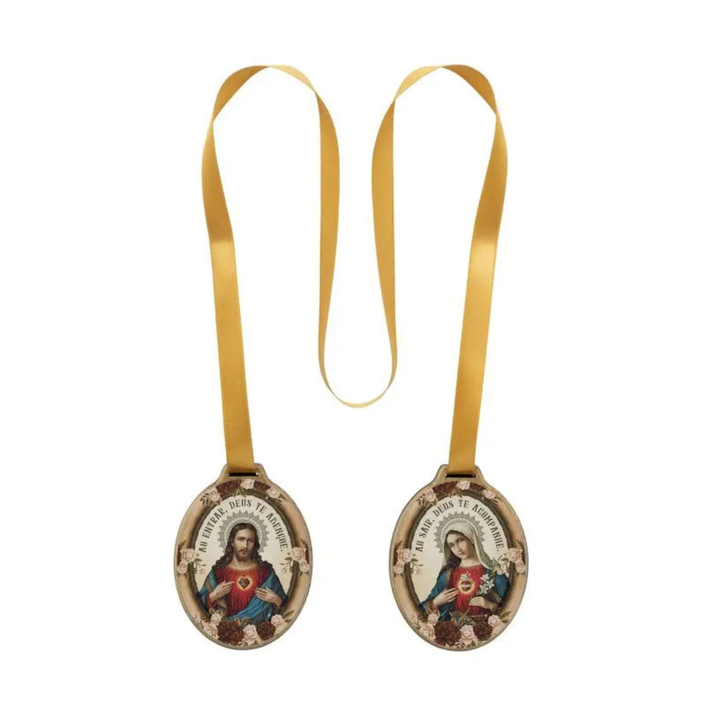 Adorno de Porta Duplo com Fita Sagrados Corações de Jesus e Maria