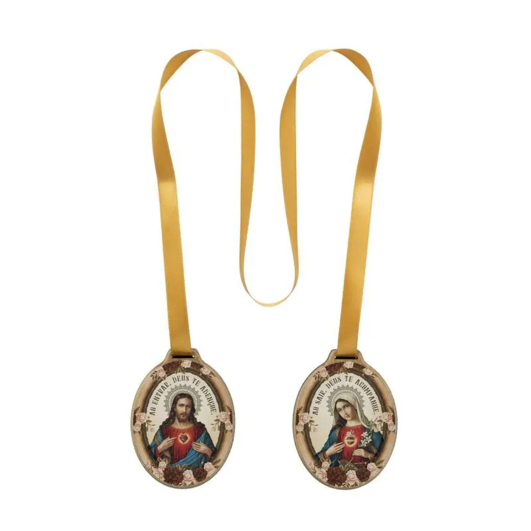 Adorno de Porta Duplo com Fita Sagrados Corações de Jesus e Maria