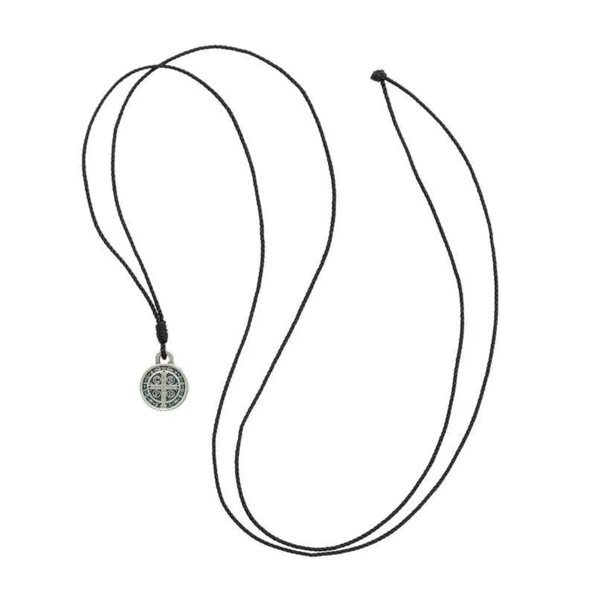 Colar Medalha de São Bento Pequena Cordão Prata Velha com Folheto