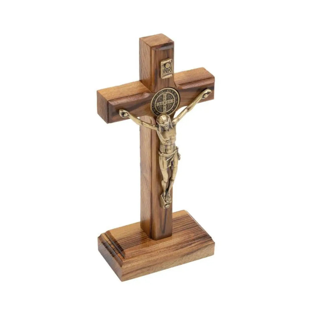 Crucifixo 12cm de Mesa/Parede com Medalha de São Bento em Ouro Velho
