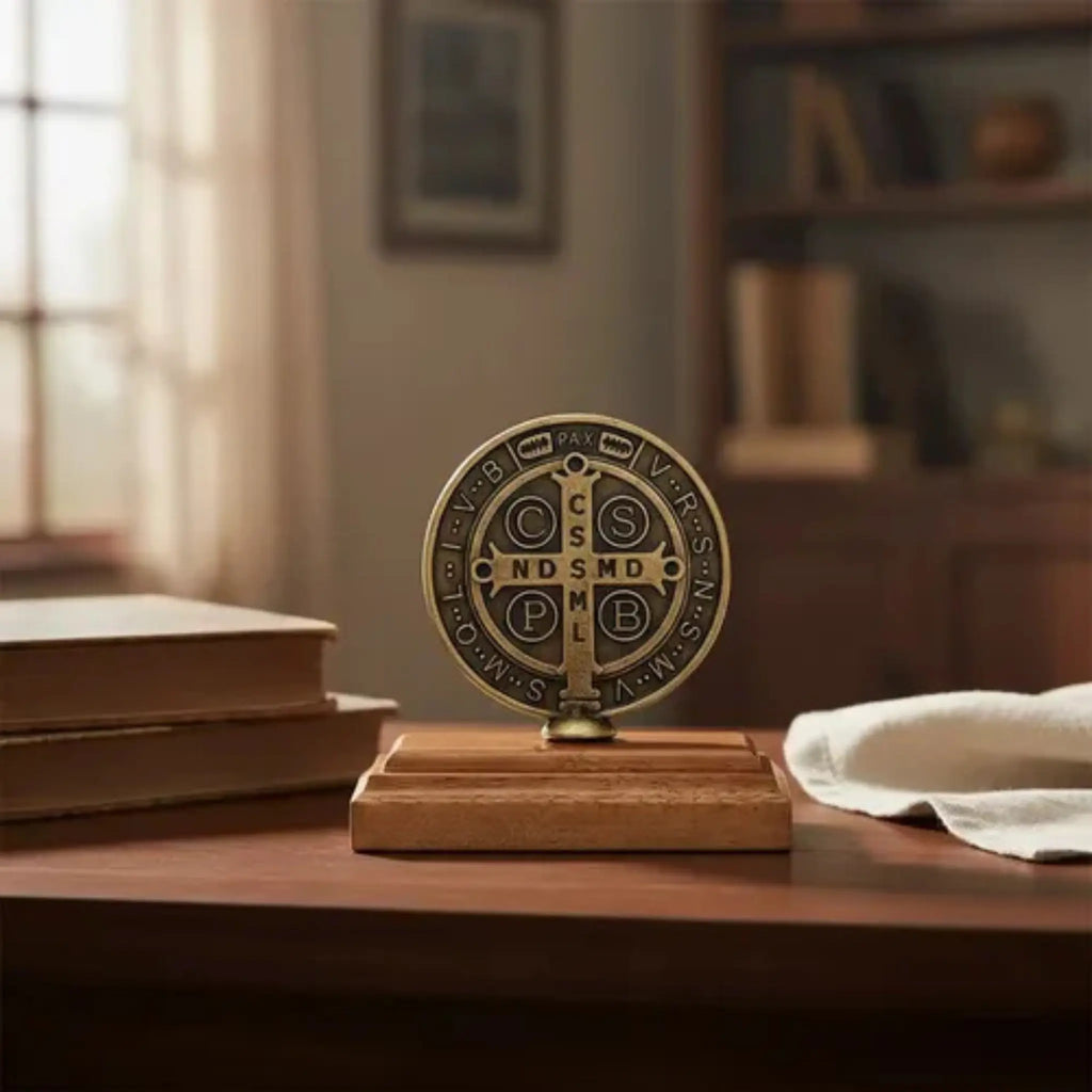 Medalha de São Bento com Pedestal Ouro Velho