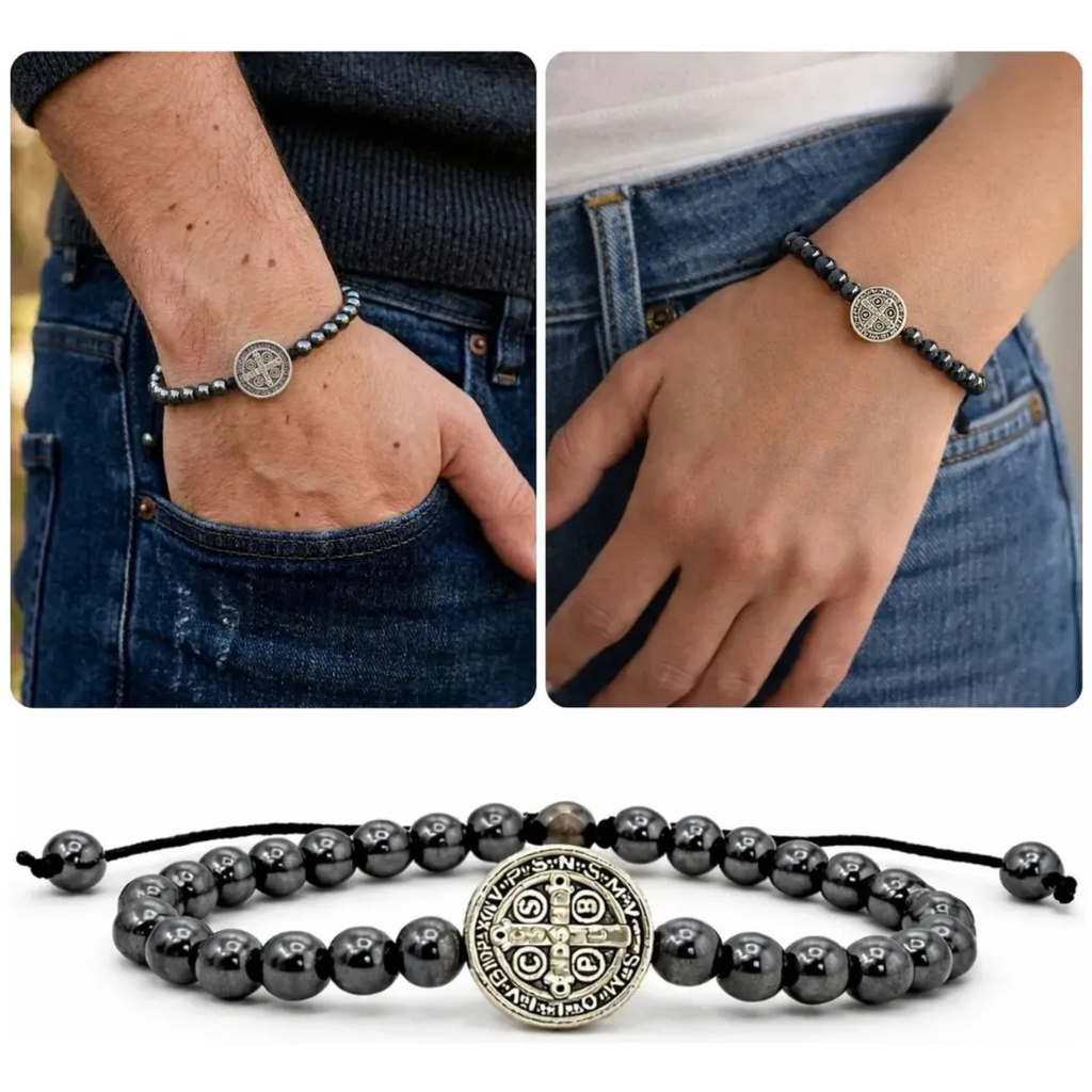 Pulseira Hematita 6mm com Medalha de São Bento