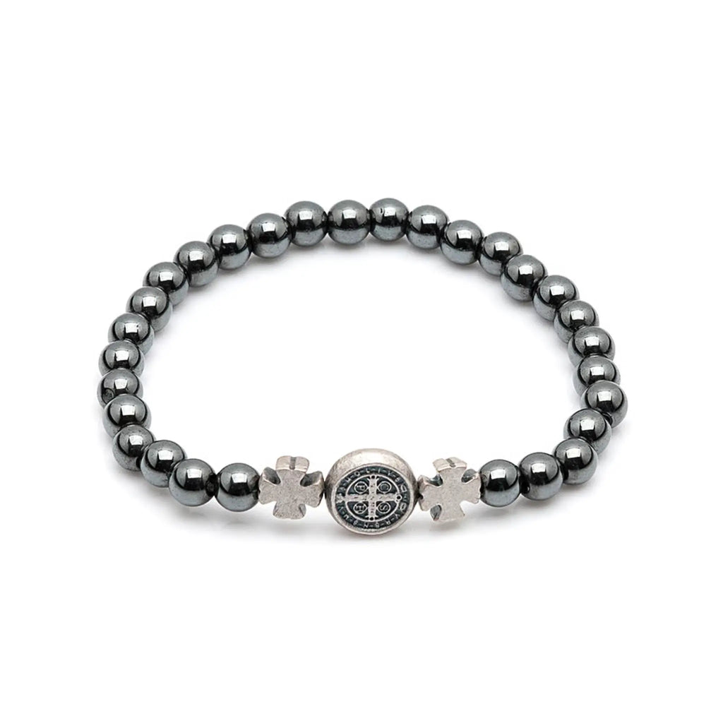 Pulseira Homem de Fé com Medalha de São Bento Prata Velha