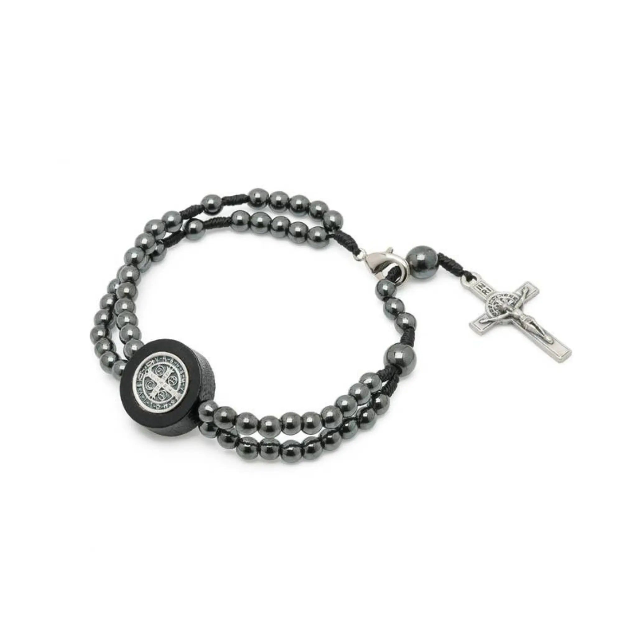 Pulseira Terço em Hematita 4mm com Cruz e Medalha de São Bento