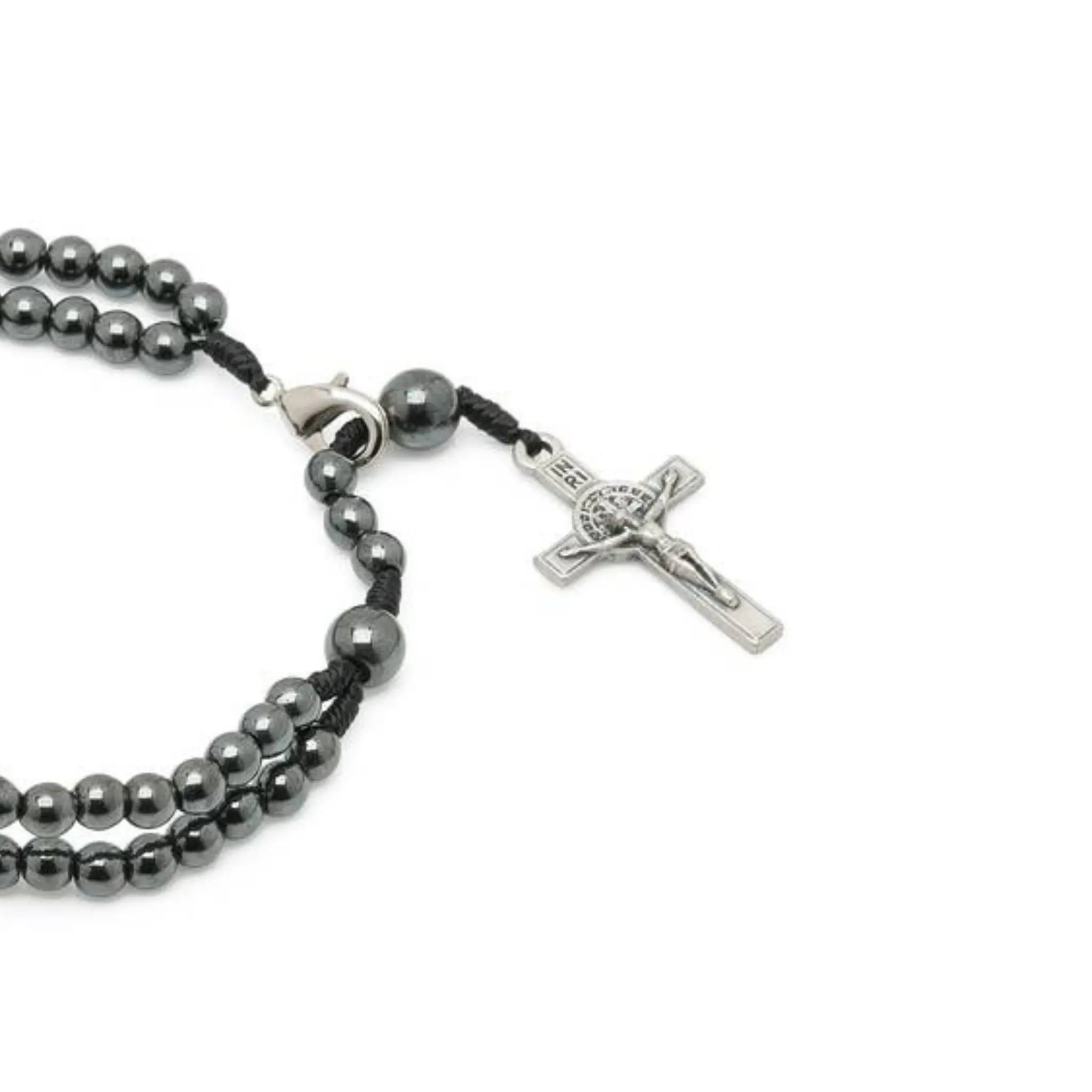 Pulseira Terço em Hematita 4mm com Cruz e Medalha de São Bento