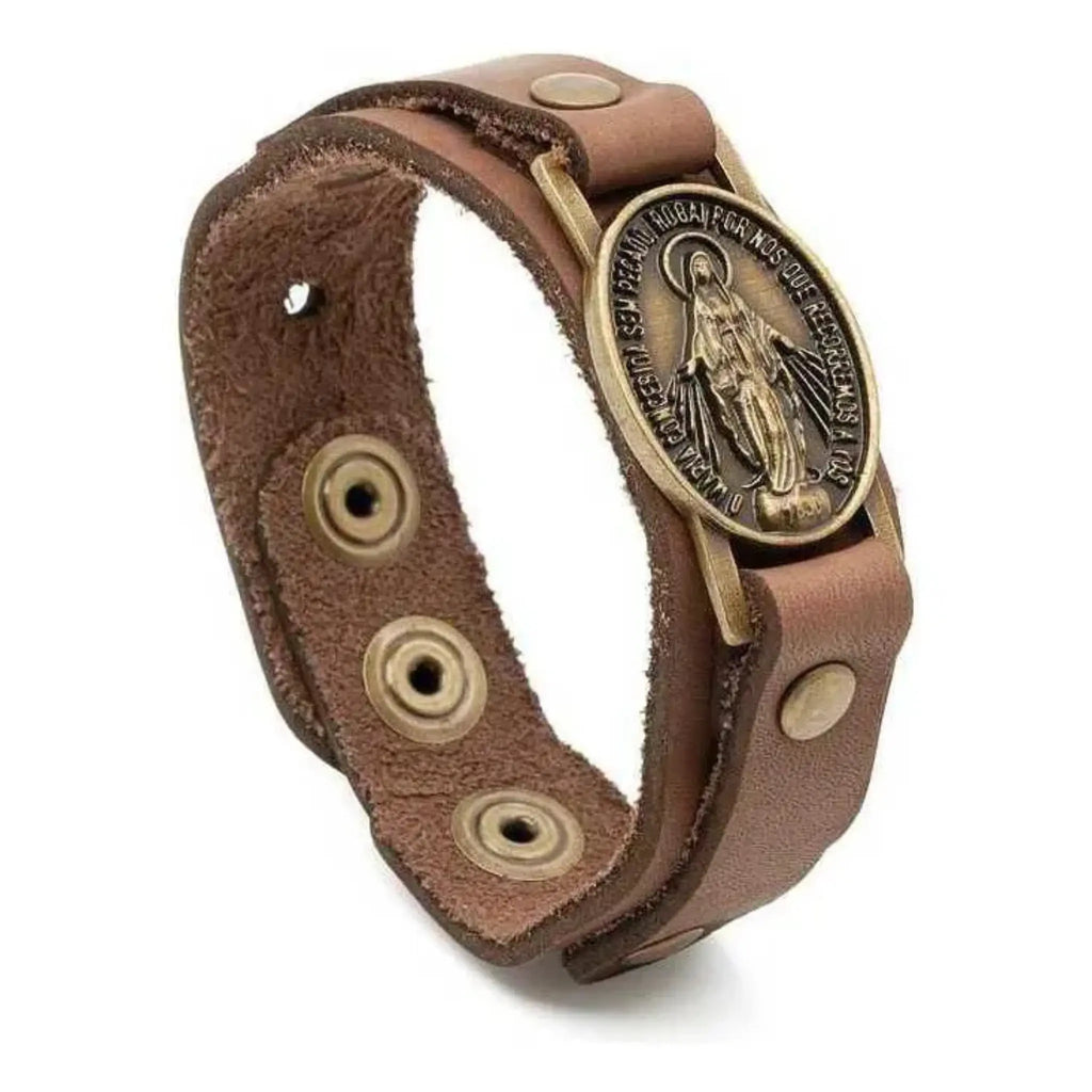 Pulseira em Couro Marrom com Medalha de Nossa Senhora das Graças
