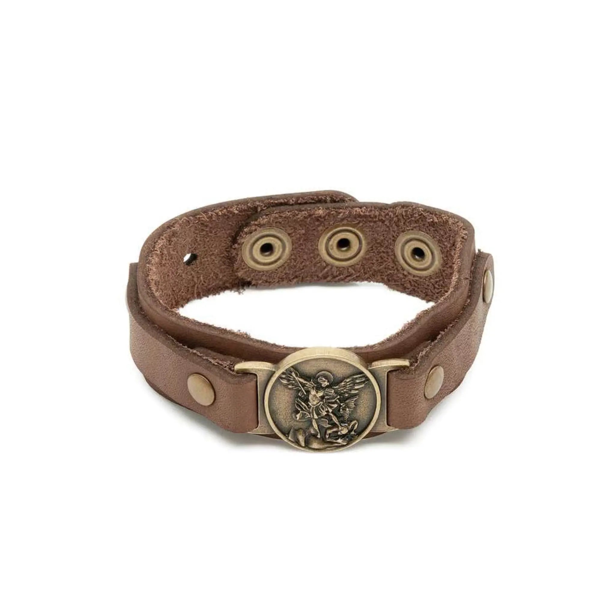 Pulseira em Couro Marrom com Medalha de São Miguel