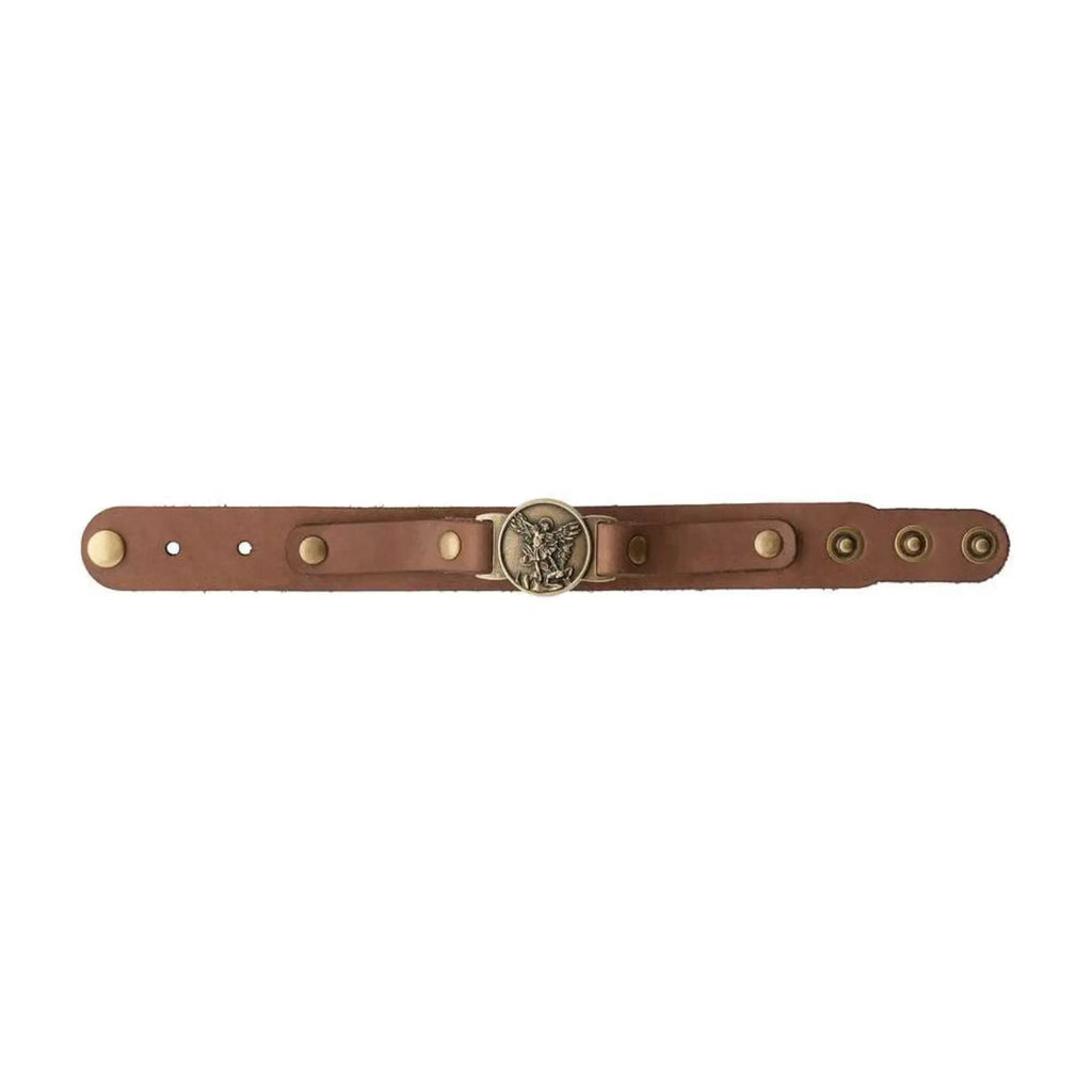 Pulseira em Couro Marrom com Medalha de São Miguel
