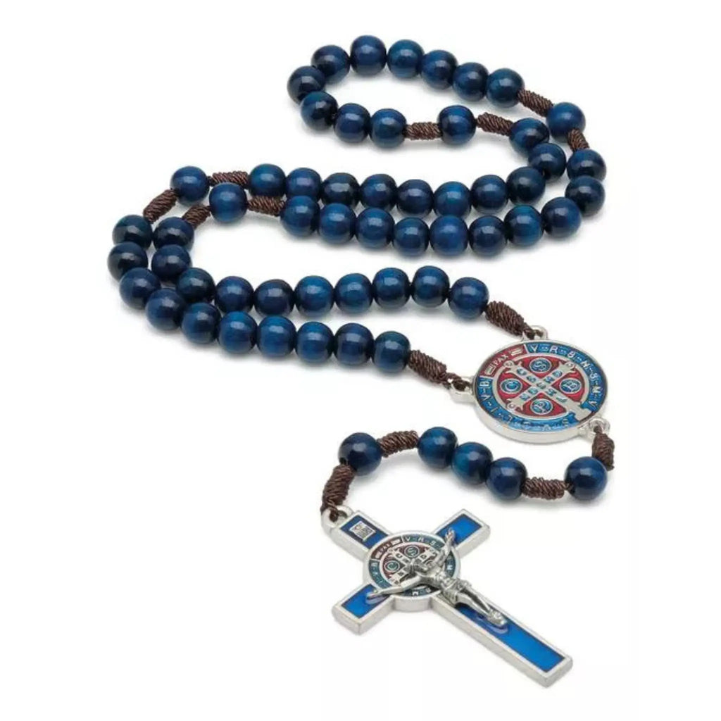 Terço São Bento Azul 10mm com Cordão Marrom