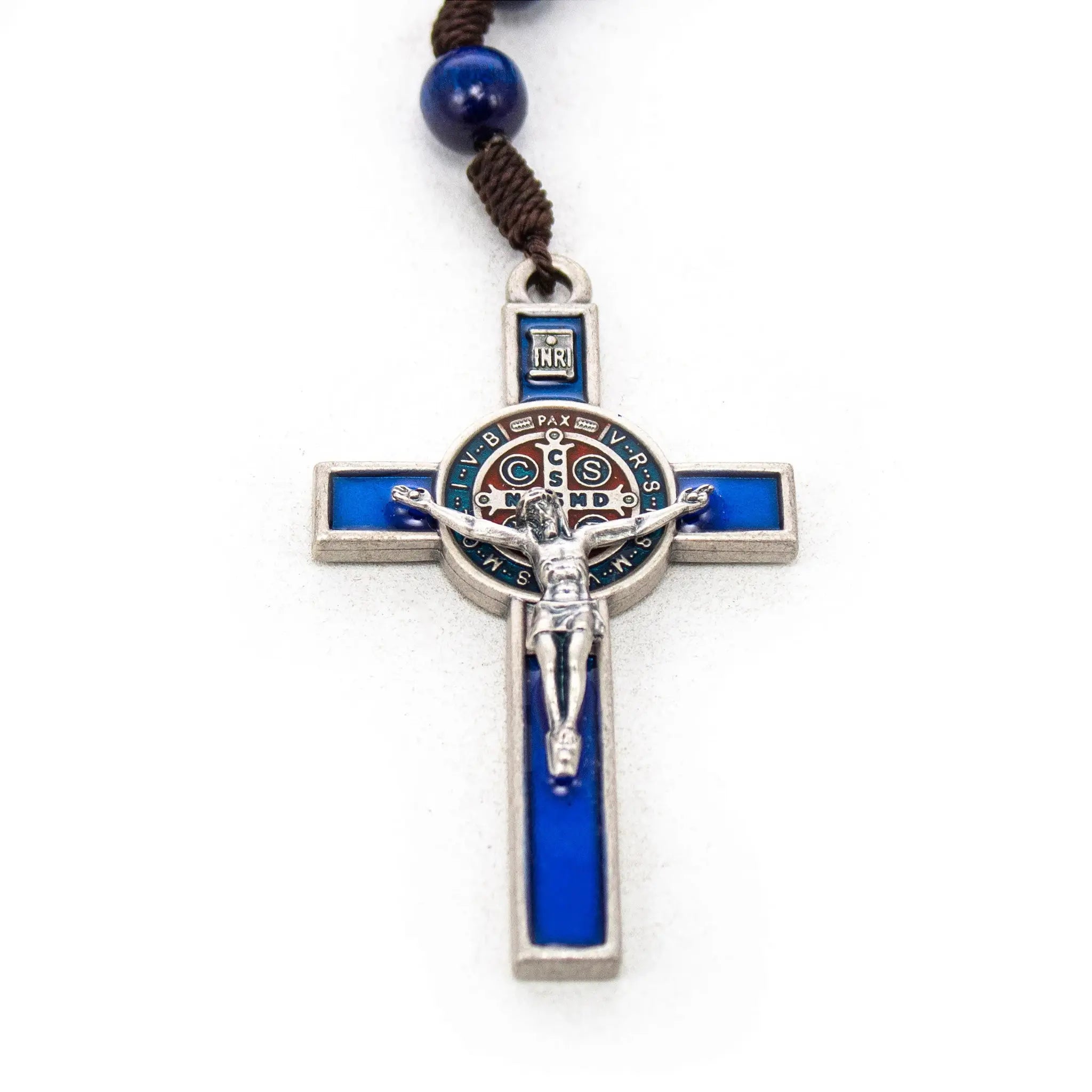 Terço São Bento Azul 10mm com Cordão Marrom