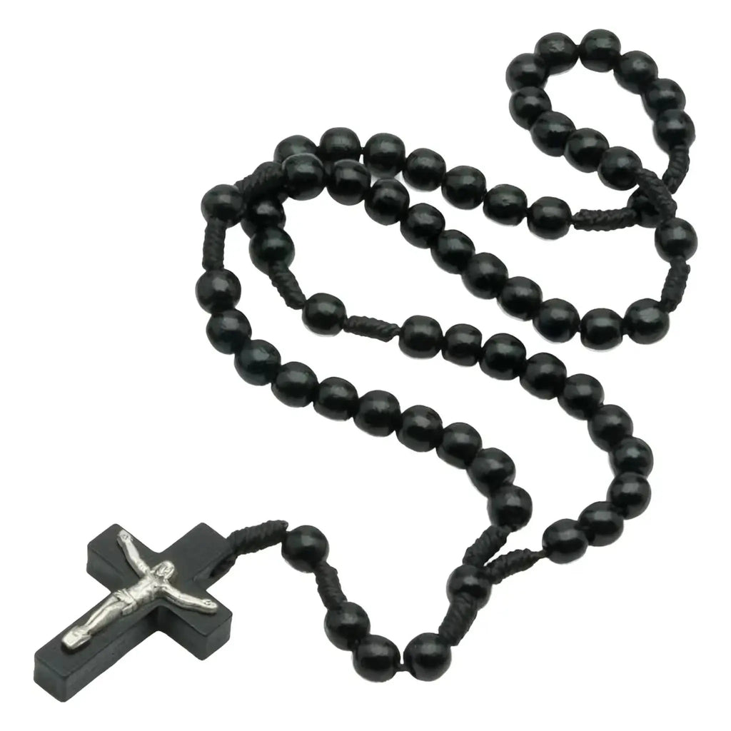 Terço Tradicional em Madeira Preta com Cordão