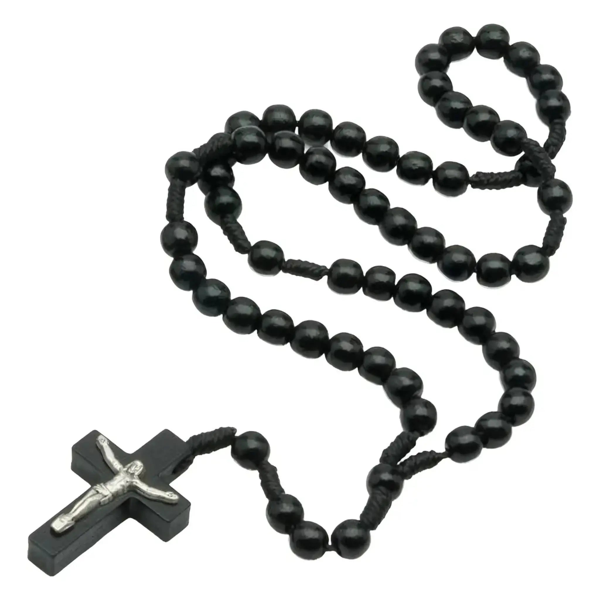 Terço Tradicional em Madeira Preta com Cordão
