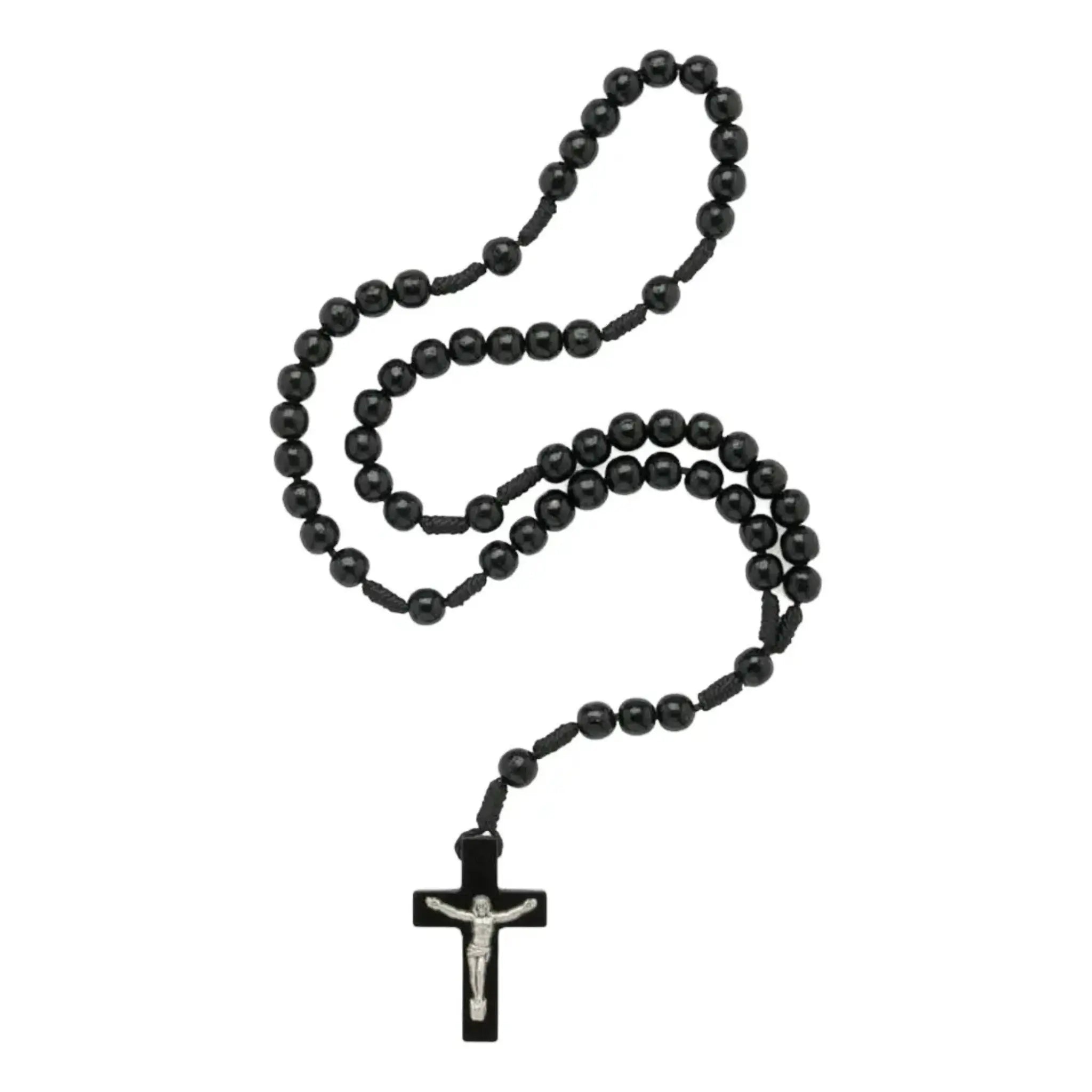 Terço Tradicional em Madeira Preta com Cordão